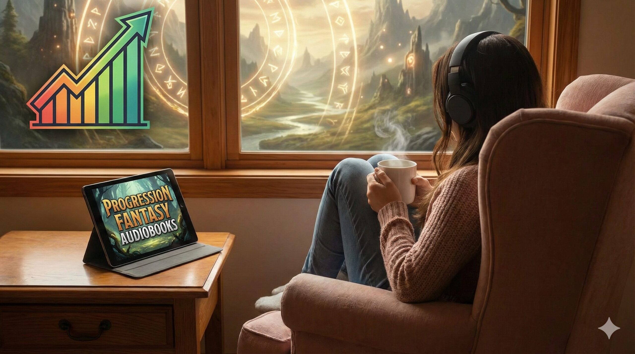 A listener enjoying progression fantasy audiobooks on headphones with a fantasy background