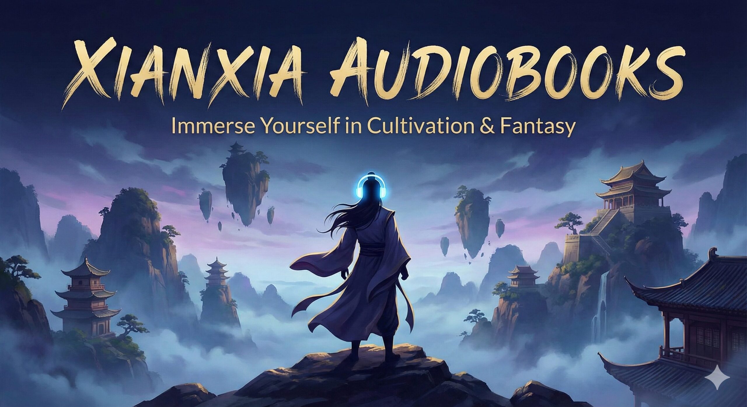 Mystical mountain peaks in mist representing the cultivation world of Xianxia audiobooks