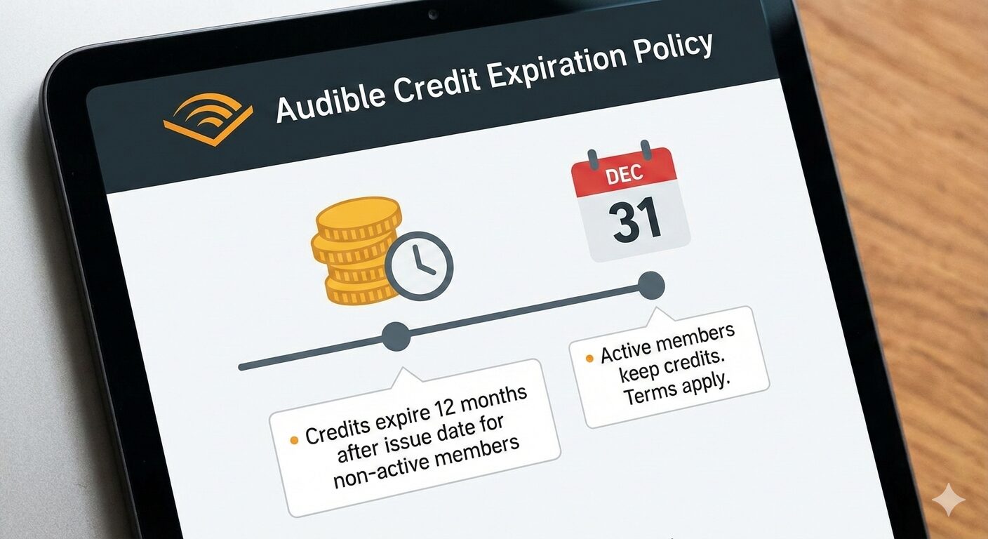 Hourglass next to a smartphone displaying Audible credits, symbolizing expiration time
