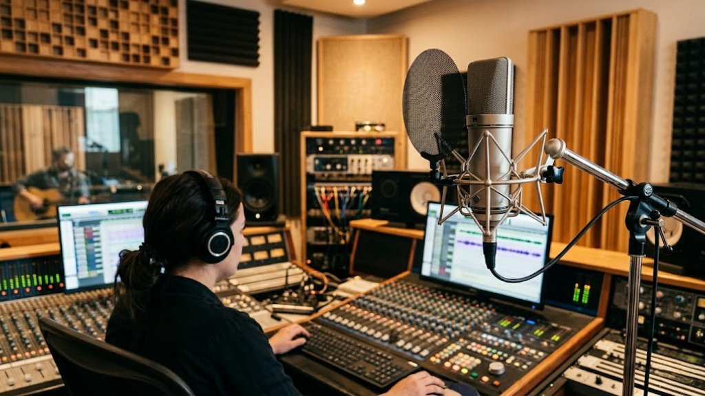 Professional microphone in a recording studio