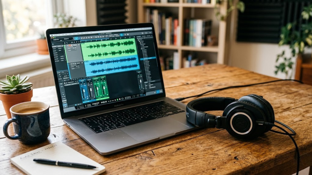 Headphones resting on a wooden desk beside a laptop showing audio waveforms