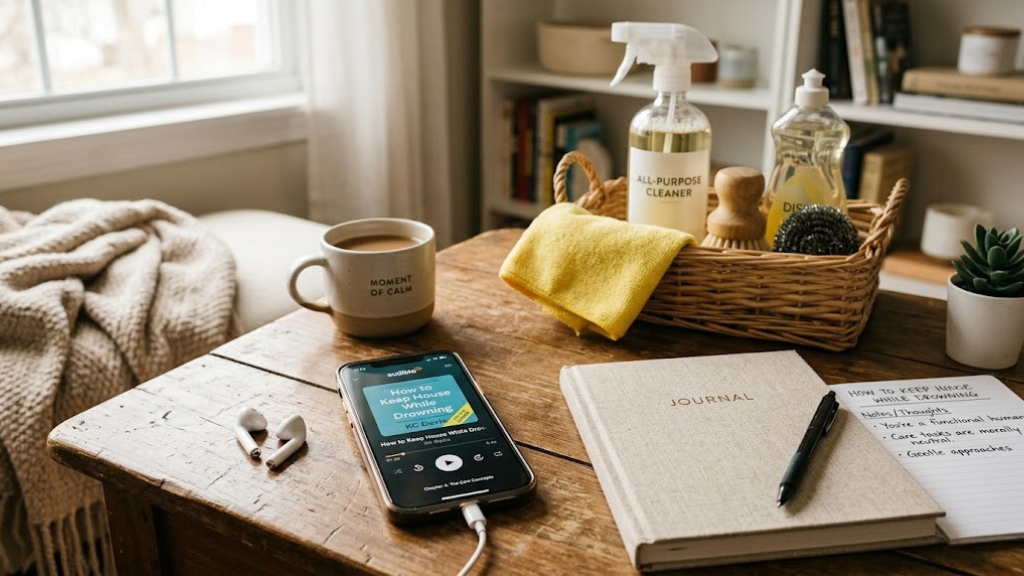Cleaning supplies and a journal representing the How to Keep House While Drowning audiobook