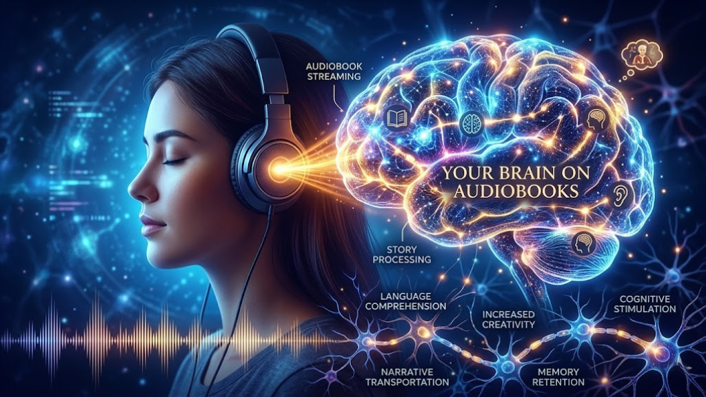 Illuminated neuron network representing brain activity during audiobook listening